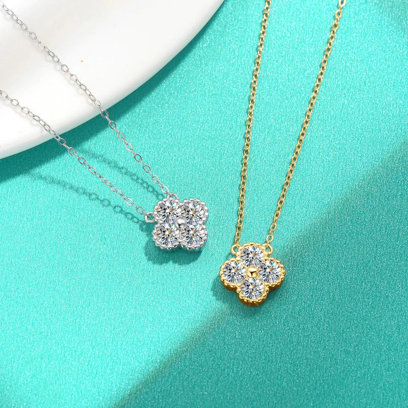 18k Gold Plated 925 Silver 3mm Moissanite Necklace Earrings Bracelet Sets 3 In 1 Clover Flower Charm Jewelry Set for Women Gift