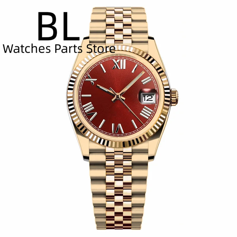 BLIGER 36mm39mm Two-tone Rose Gold Black Dial Watch For Men Date Fluted Bezel Sapphire Glass Rose Roman Index Jubille Bracelet