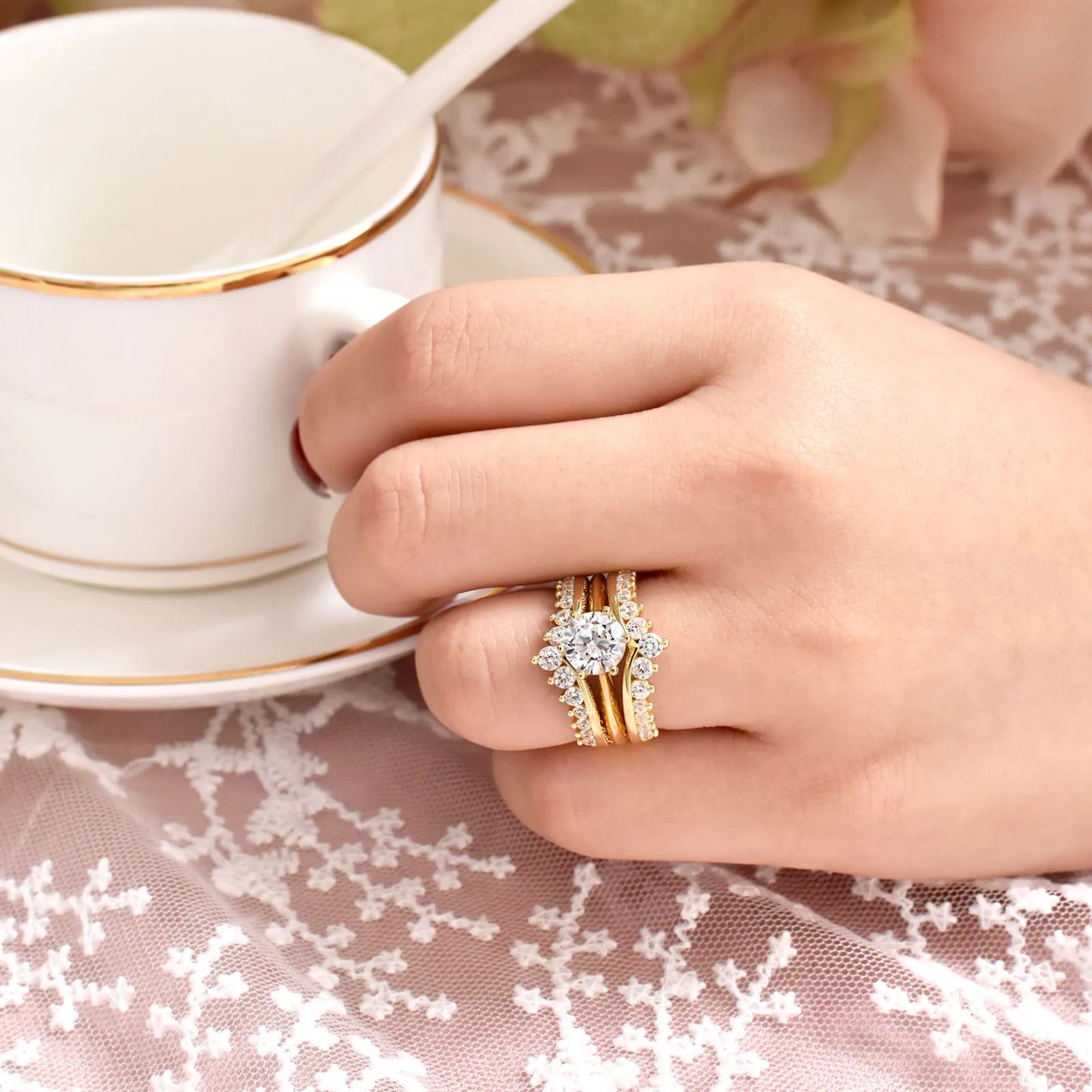 Newshe 14k Yellow Gold Bridal Ring Set for Women 2Ct Round Cut AAAAA Cubic Zircon Wedding Engagement Anniversary Band BR1167_Y