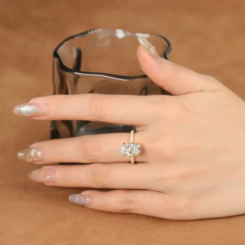 4.5CT Oval Cut Full Moissanite Engagement Ring for Women S925 Silver Plated 18K Gold Hidden Halo Diamond Wedding Band JewelryGRA