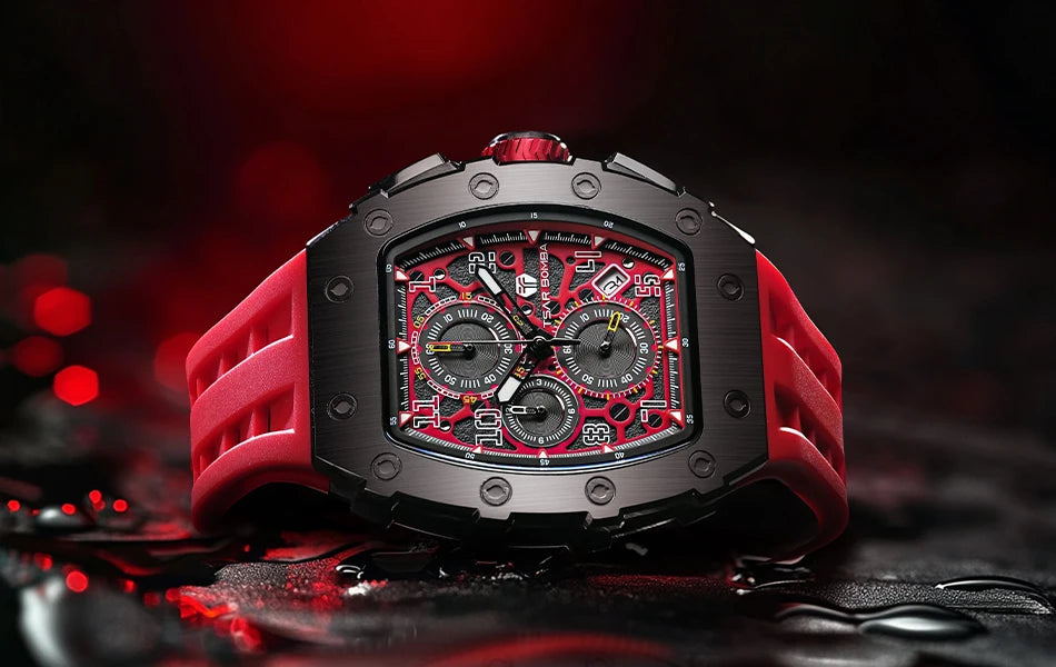 TSAR BOMBA Tonneau Mens Watches Sapphire Crystal Red Wristwatch Waterproof Chronograph Date Clock Luxury Christmas Gift for Men