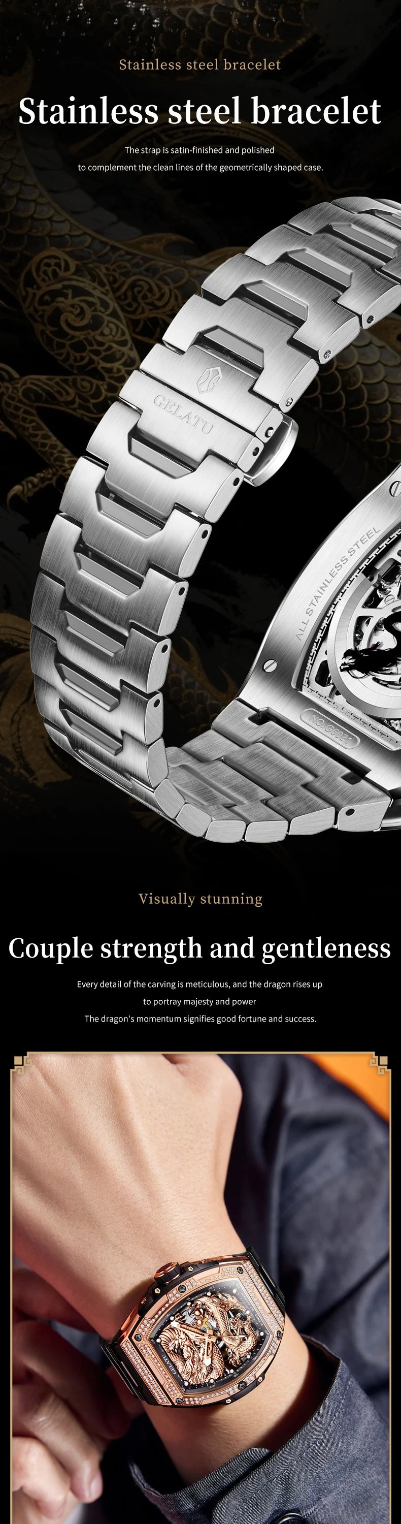 GELATU 6021 Men's Watch Fashion Automatic Mechanical Watch For Men Hollow Waterproof Luminous Dragon Dial Luxury Man Wristwatch