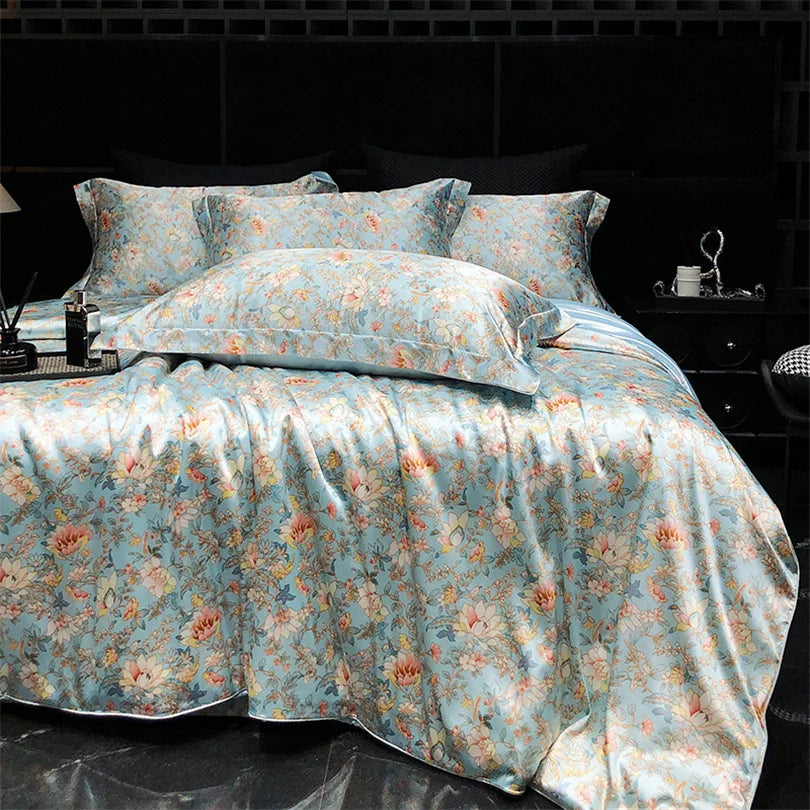 Floral Silk Bedding Set with Duvet Cover Bed Sheet Pillowcase Luxury Couple Single Double King Queen Soft Bedsheet Nordic Smooth