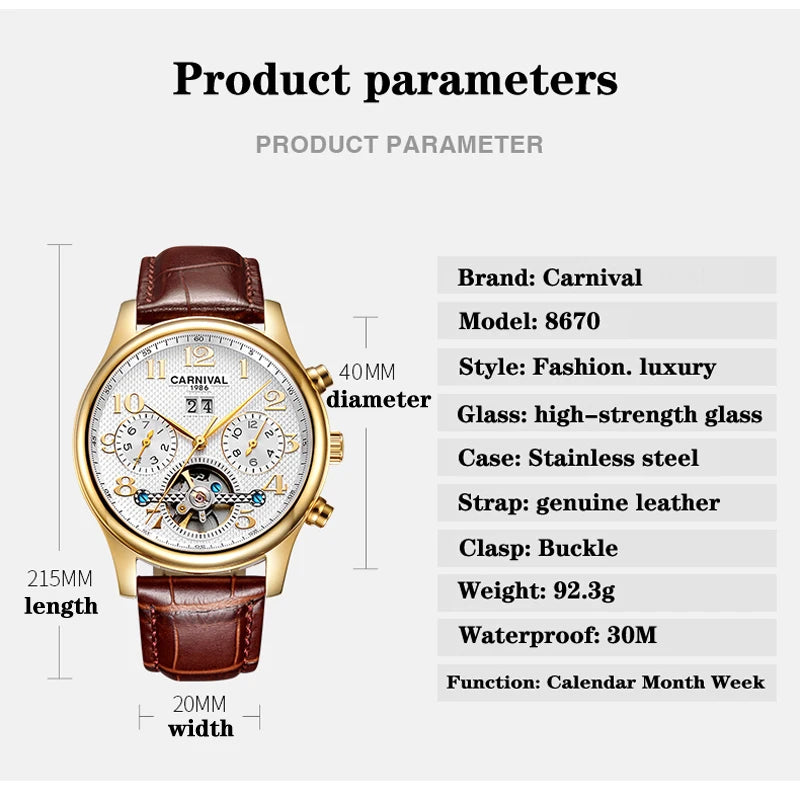 Carnival Brand Luxury Tourbillon Watches Leather Calendar Week Month High-End Mechanical Watch Business Men Automatic Clock