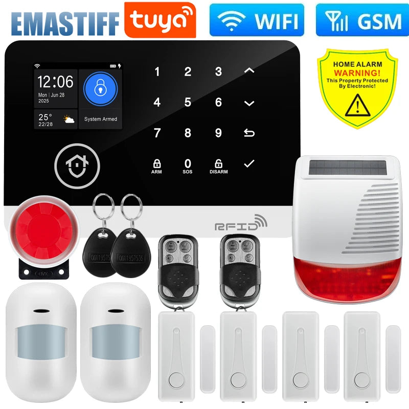 Wireless Tuya APP SIM GSM Home RFID Burglar Security LCD Touch Keyboard WIFI GSM Alarm System Sensor kit Russian,Spanish Voice