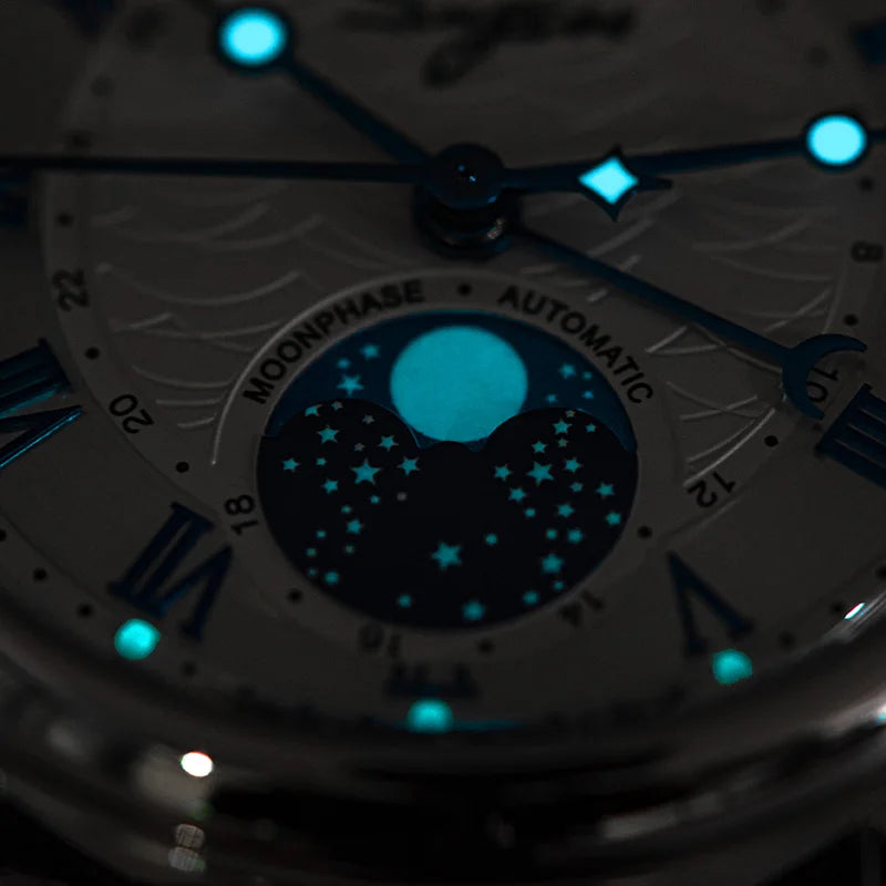 Sugess Watches for Men Automatic Mechanical Watch Moonphase Tianjin ST2108 Waterproof Date Hands Sapphire Crystal Rome Wave Dial