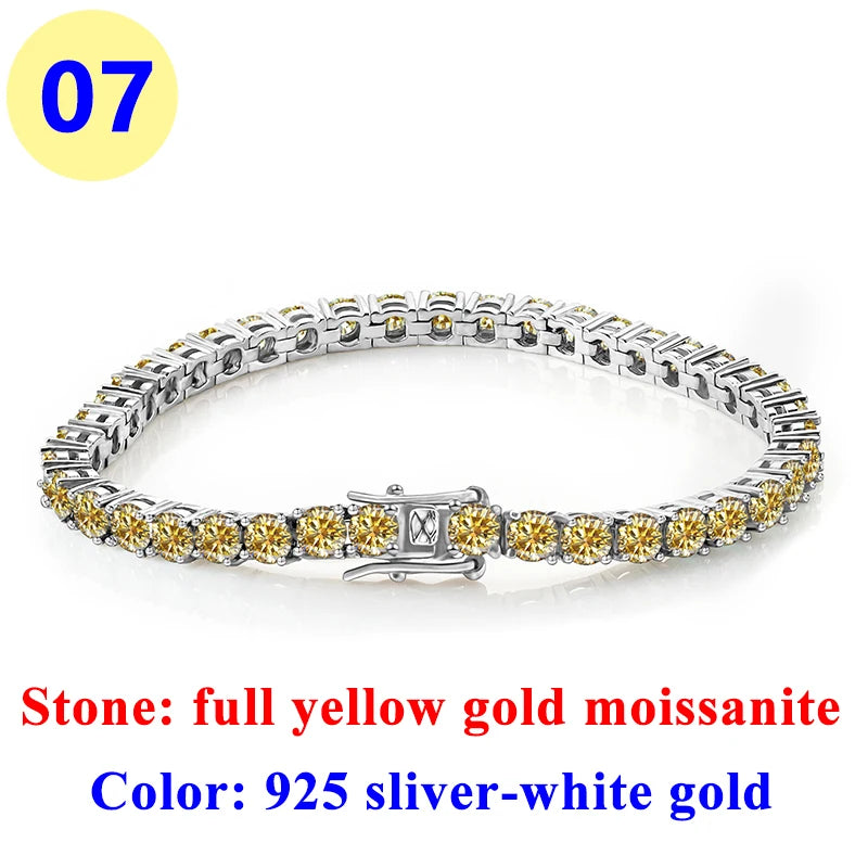 3MM Pink Full Moissanite Tennis HipHop Blue Green Yellow Purple Bracelet S925 Sliver Plated White Gold Bracelet for Women Men