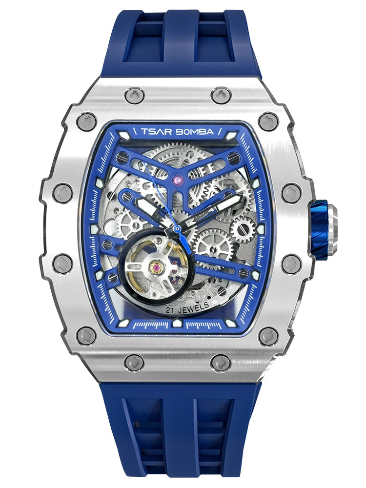 TSAR BOMBA Automatic Watch for Men Waterproof Watch Tonneau Stainless steel Mechanical Wristwatch Silicone Strap Luxury Gift