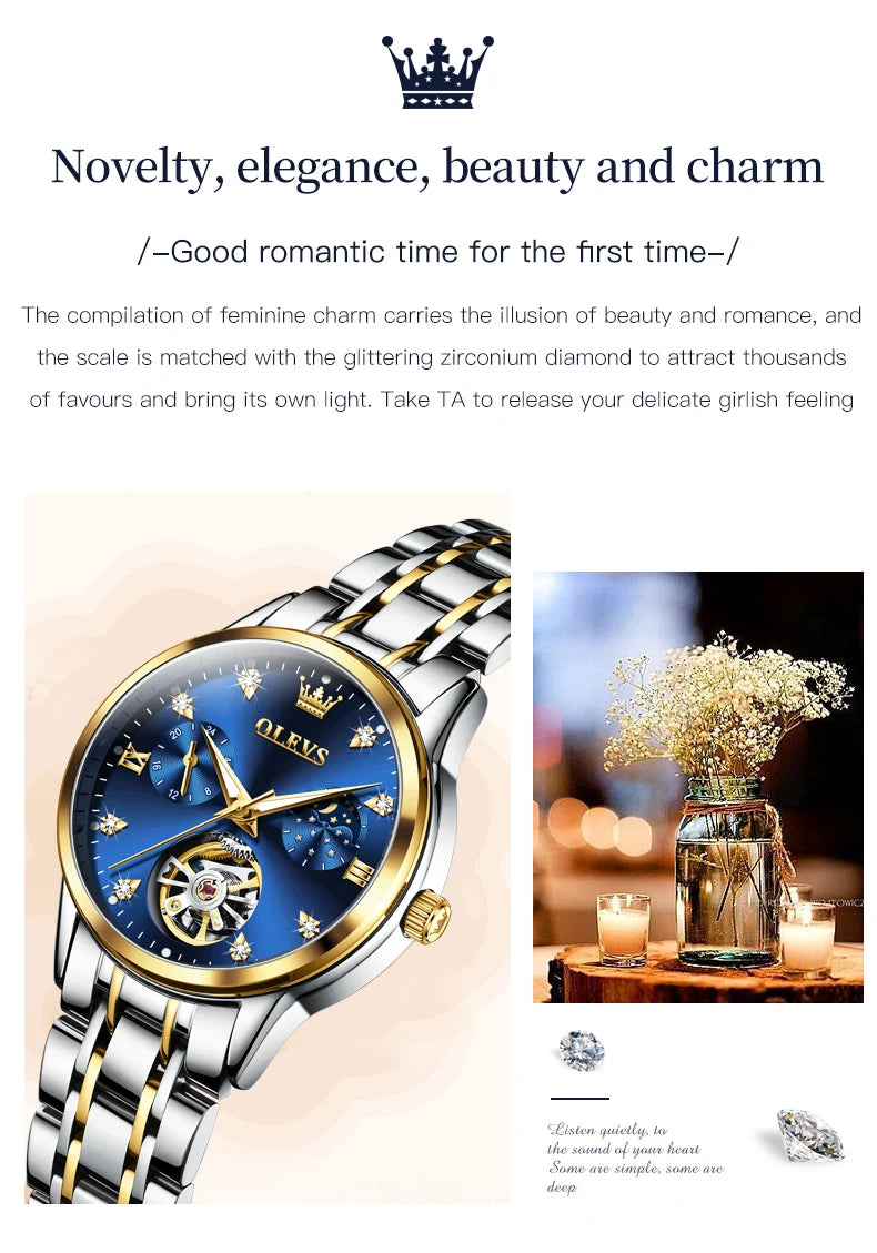 Montre femme OLEVS 6608, automatique, mécanique, étanche, en acier inoxydable, avec calendrier squelette.