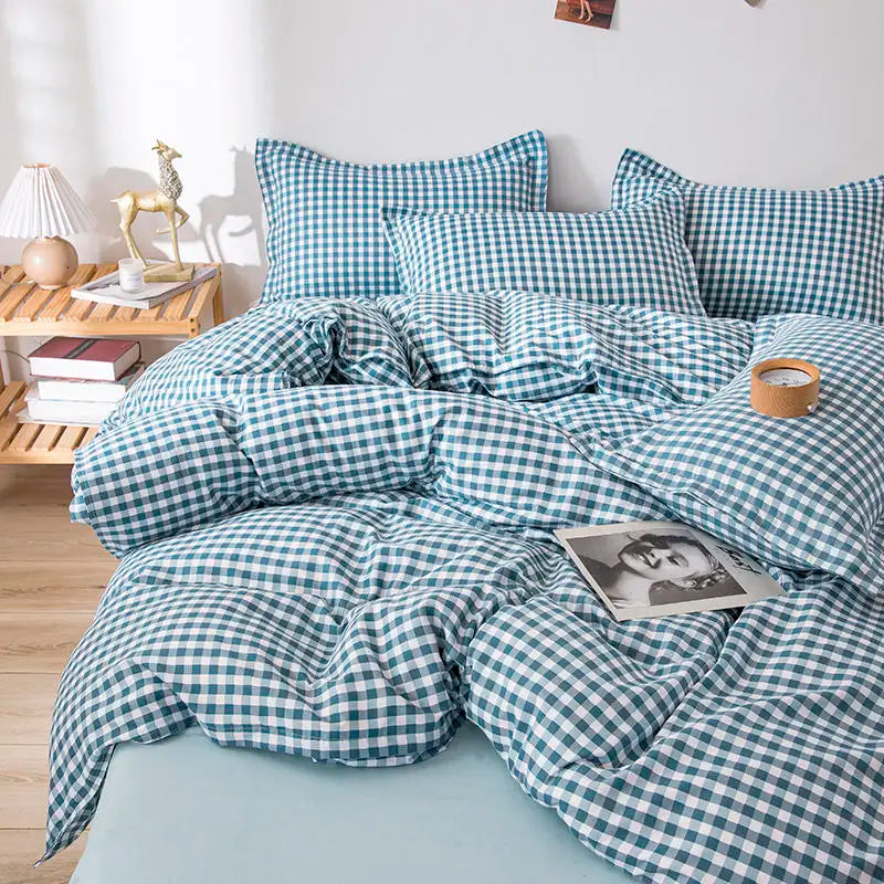 Bonenjoy Queen Size Bedding Set White Color Black Plaid Microfiber Reactive Printed King Size Bed Linen Sets For Bedroom Kit