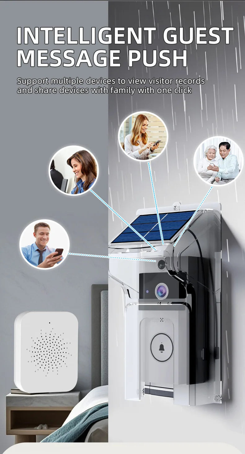 Solar Wireless Smart Video Doorbell HD Security Camera with Rain Cover Weatherproof Outdoor Two-Way Talk Voice Changer WiFi Door