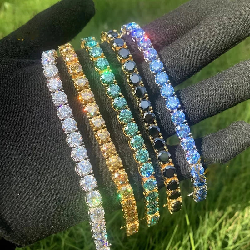 3MM Pink Full Moissanite Tennis HipHop Blue Green Yellow Purple Bracelet S925 Sliver Plated White Gold Bracelet for Women Men