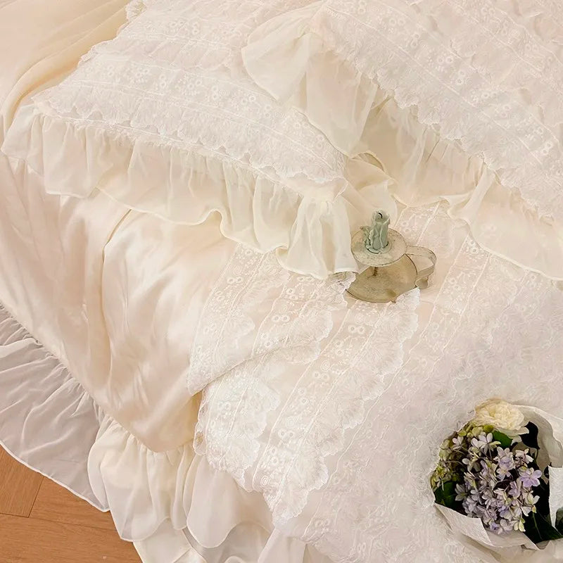 100%Eucalyptus Lyocell Cream White Lace Soft Silky Textured Wrinkle-Free Summer comforter Blanket 1Pc Flat sheet 2Pillow shams