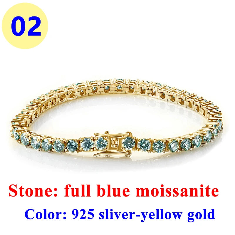 3MM Pink Full Moissanite Tennis HipHop Blue Green Yellow Purple Bracelet S925 Sliver Plated White Gold Bracelet for Women Men