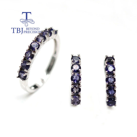 925 Sterling Silver Ring Earrings natural Iolite round 3.0mm set simple design suitable for everyday wear boutique jewelry