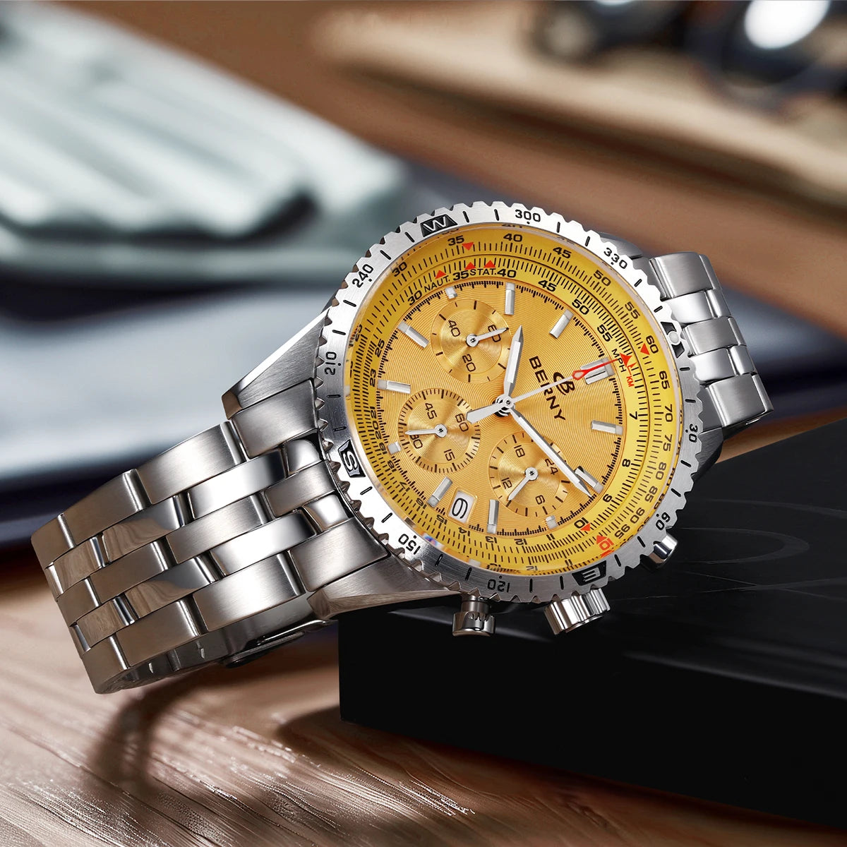 BERNY Chronograph Watches for Men Aviation Pilot Multifunction Quartz Men's Watch Date Sapphire Super Luminous Luxury Wristwatch