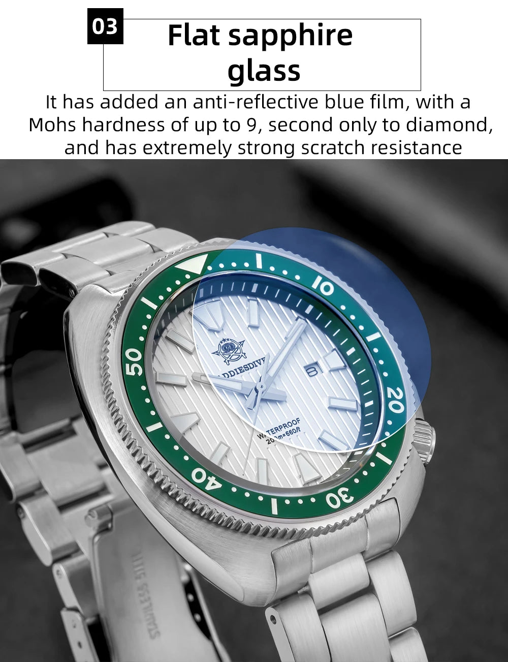 ADDIESDIVE Men's Watch Stainless Steel Sapphire Crystal Quartz Watch Men's Luminous 200M Waterproof Gift Men's Analog Watch