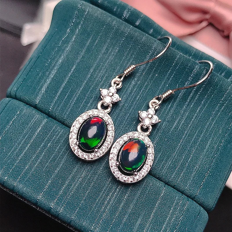 MeiBaPJ 5*7 Natural Black Opal Gemstone England Ear Drop Earrings for Women Real 925 Sterling Silver Charm Fine Wedding Jewelry
