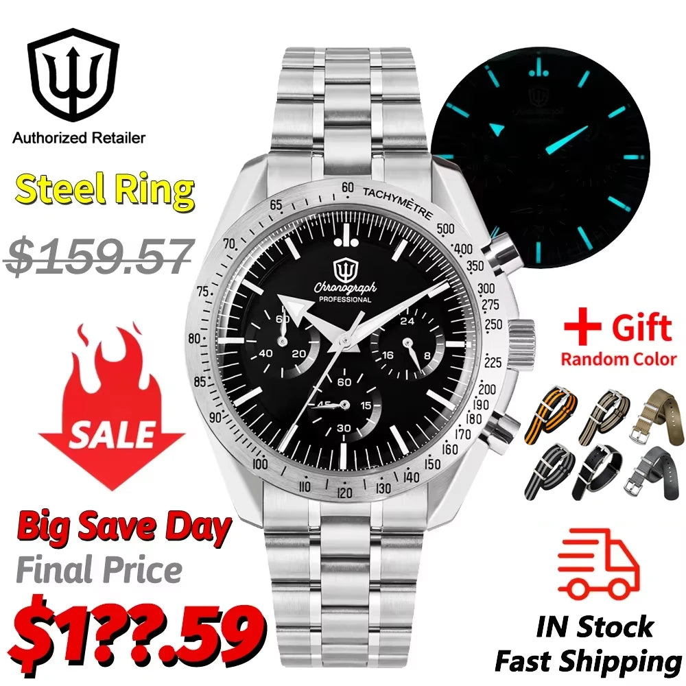 Watchdives New WD1863 Watch VK63 Chronograph Movement Aluminum Bezel BGW9 Luminous Bubble Sapphire Crystal 39mm Vintage Watches