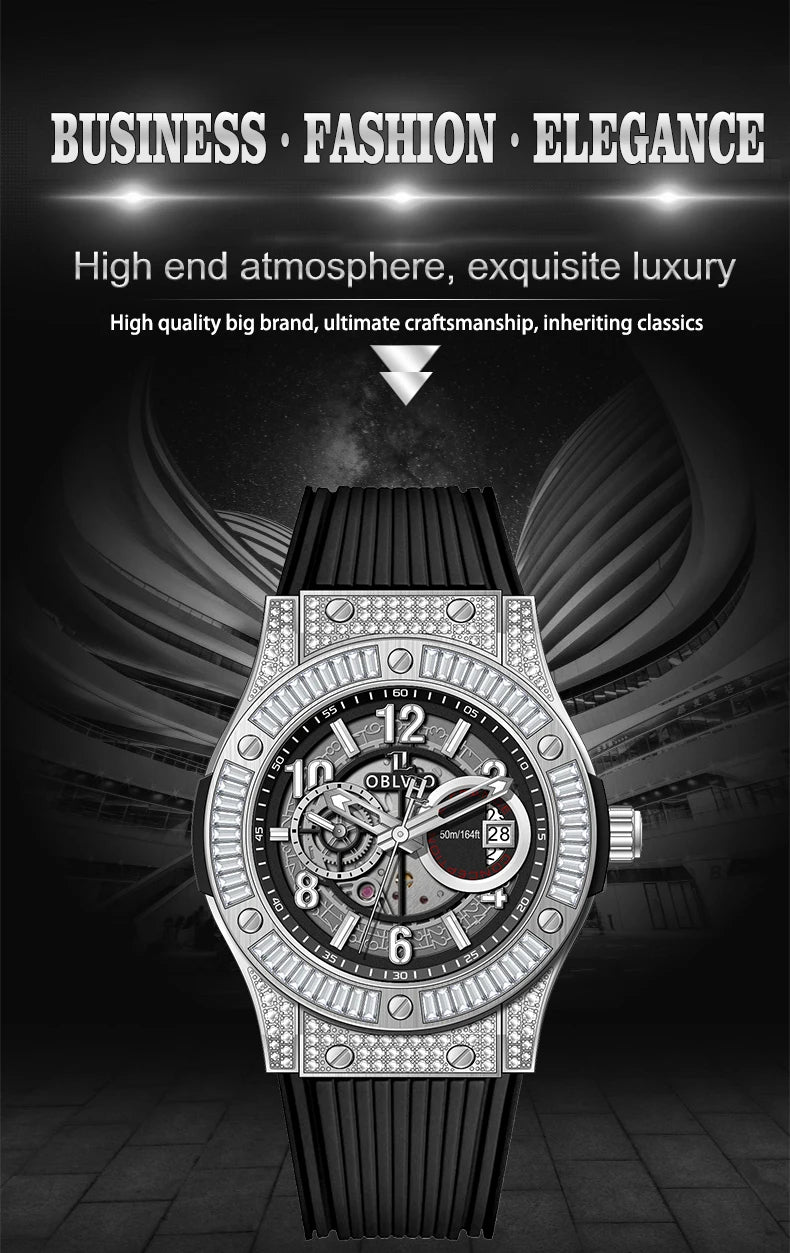 OBLVLO Men's Fashion Rose Gold 44mm Hollow-out Automatic Watch Waterproof Brown Leather Strap Mechanical Clock with Date HM-GT