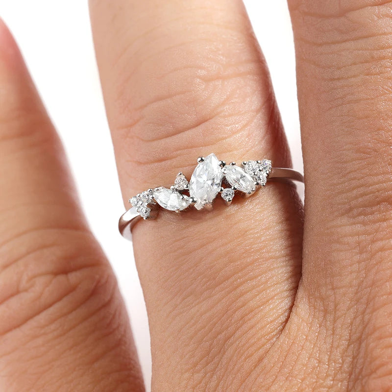 Smyoue 0.58cttw Marquise Cut Weeding Moissanite Rings for Women Double Halo High Quality 925 Sterling Silver Half Eternity Band