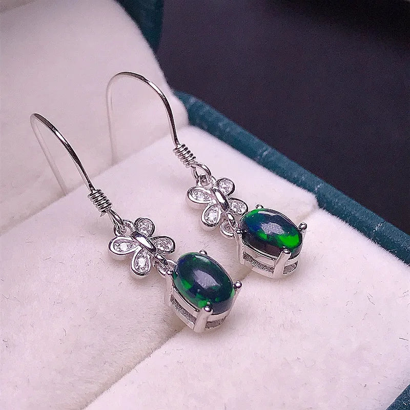 MeiBaPJ 5*7 Natural Black Opal Gemstone England Ear Drop Earrings for Women Real 925 Sterling Silver Charm Fine Wedding Jewelry