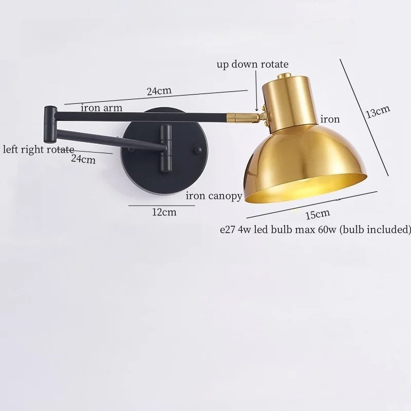 IWHD Golden Iron Art LED Wall Lights For Bedroom Kitchen Living Room Loft Mirror Bedside Lamp Swing Long Arm Lampade Da Parete
