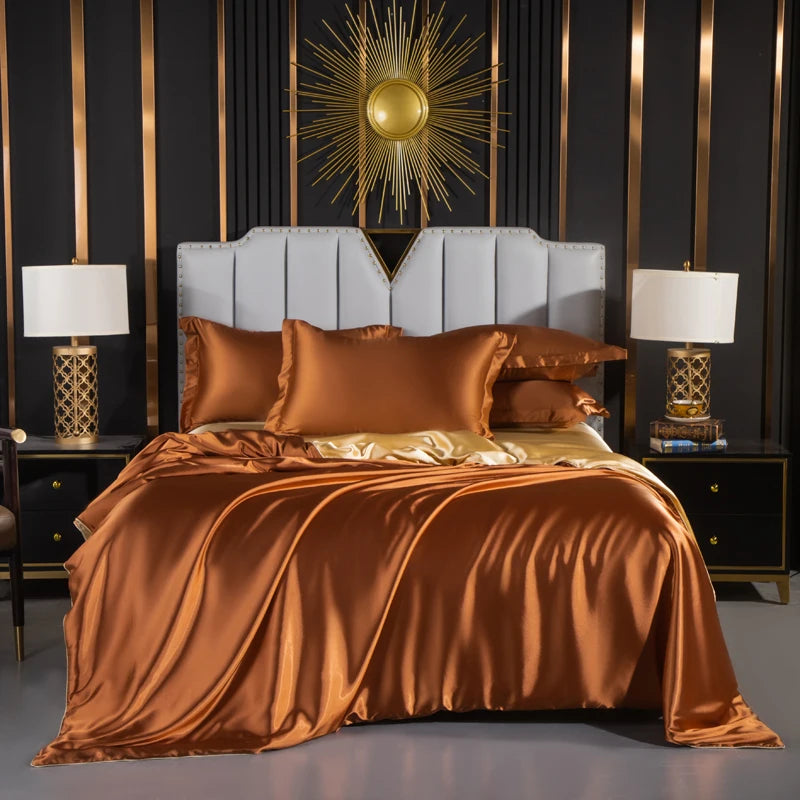 Silk Bed Sheets Set Luxury Bedding Set with Duvet Cover Fitted/Flat Bedheet Pillowcases Mixed with Rayon King Queen Full Twin