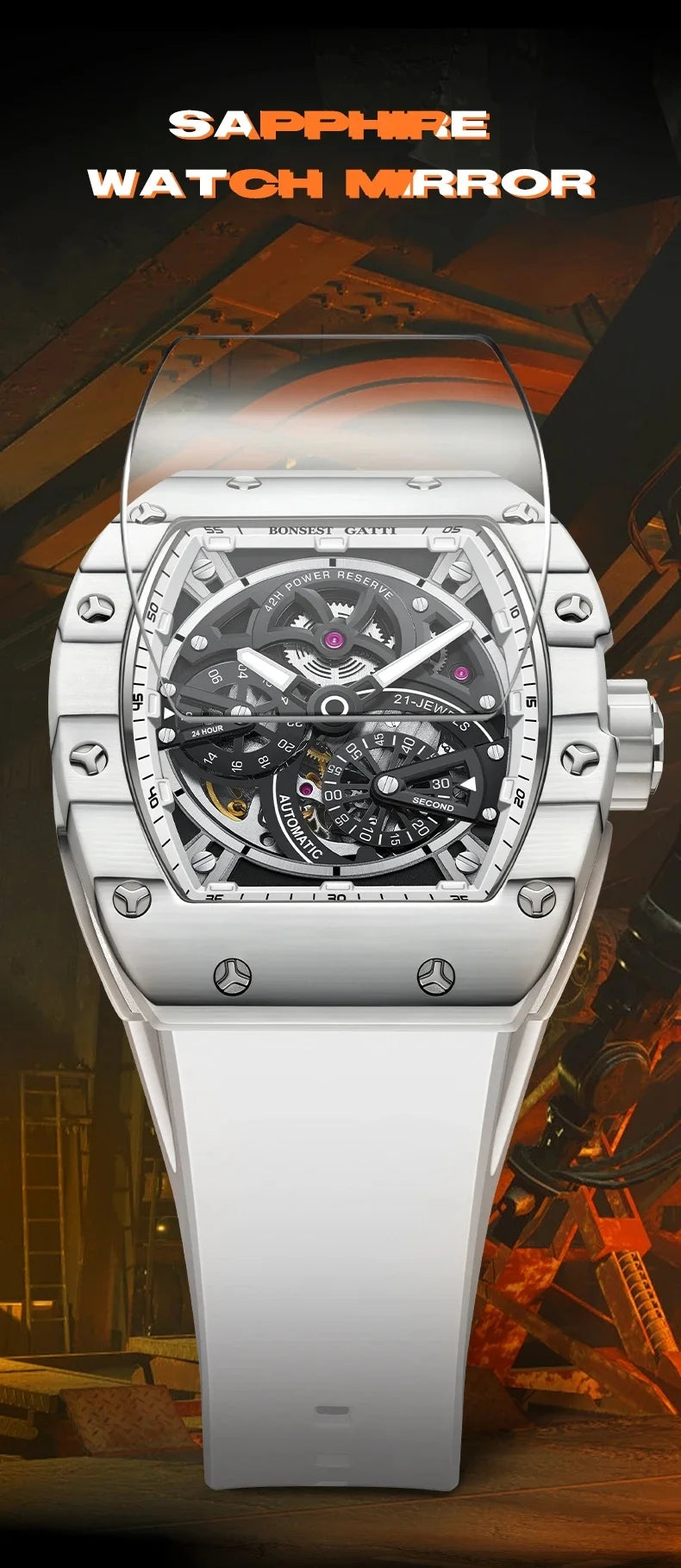 BONEST GATTI Men Automatic Movement Mechanical Watch Carbon Fiber Bezel Tonneau Luminous Case Fluororubber Strap Watches For Men