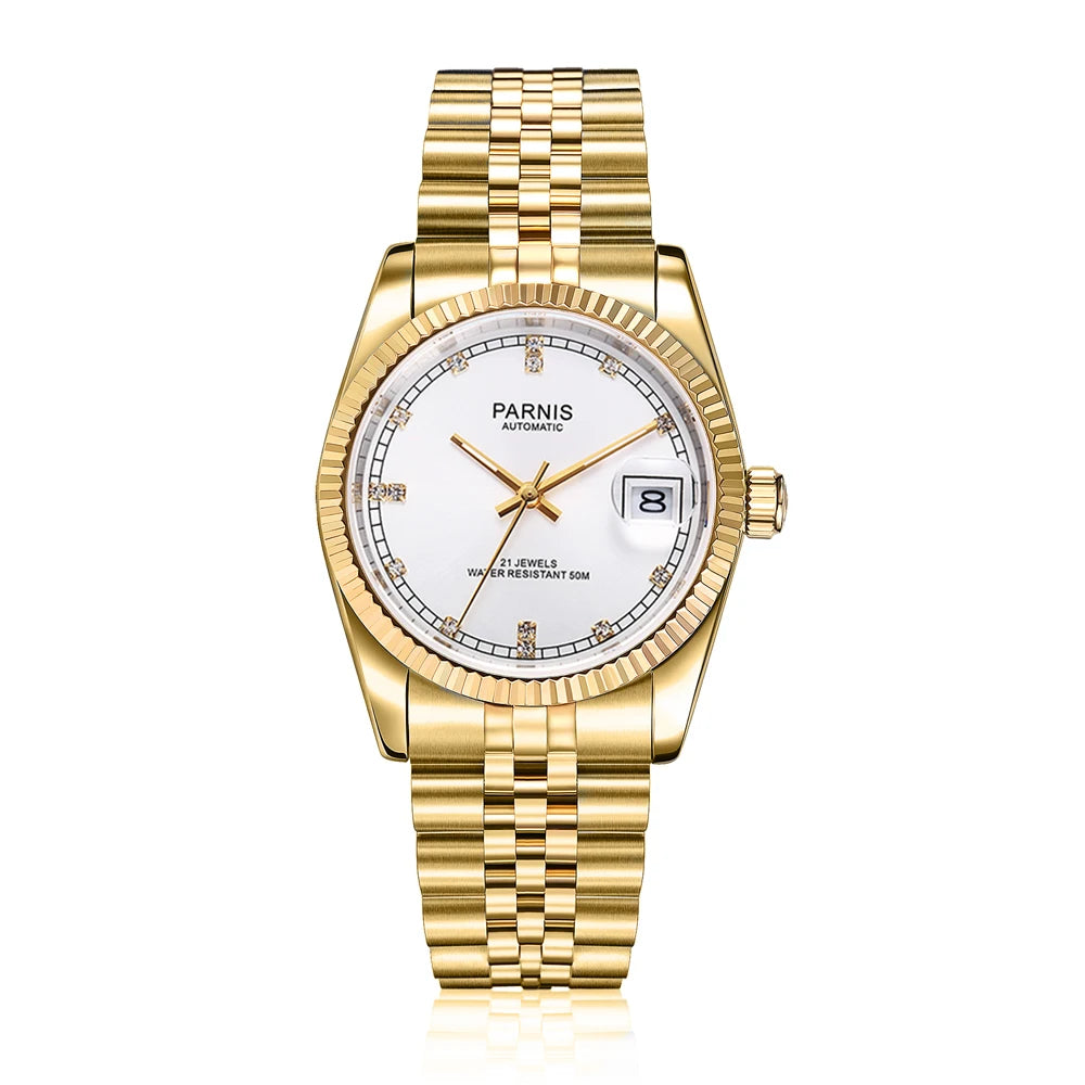 Parnis 36mm Gold Color Luminous Mark Automatic Men's Wristwatch 5 ATM Stainless Steel Jubilee Bracelet