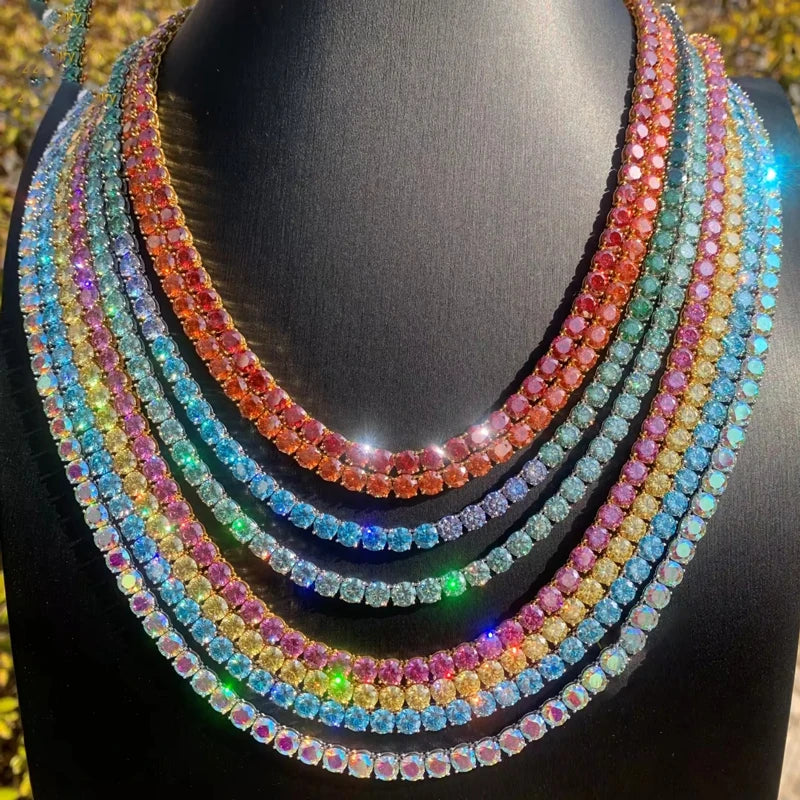 3MM Pink Full Moissanite Tennis HipHop Blue Green Yellow Purple Bracelet S925 Sliver Plated White Gold Bracelet for Women Men