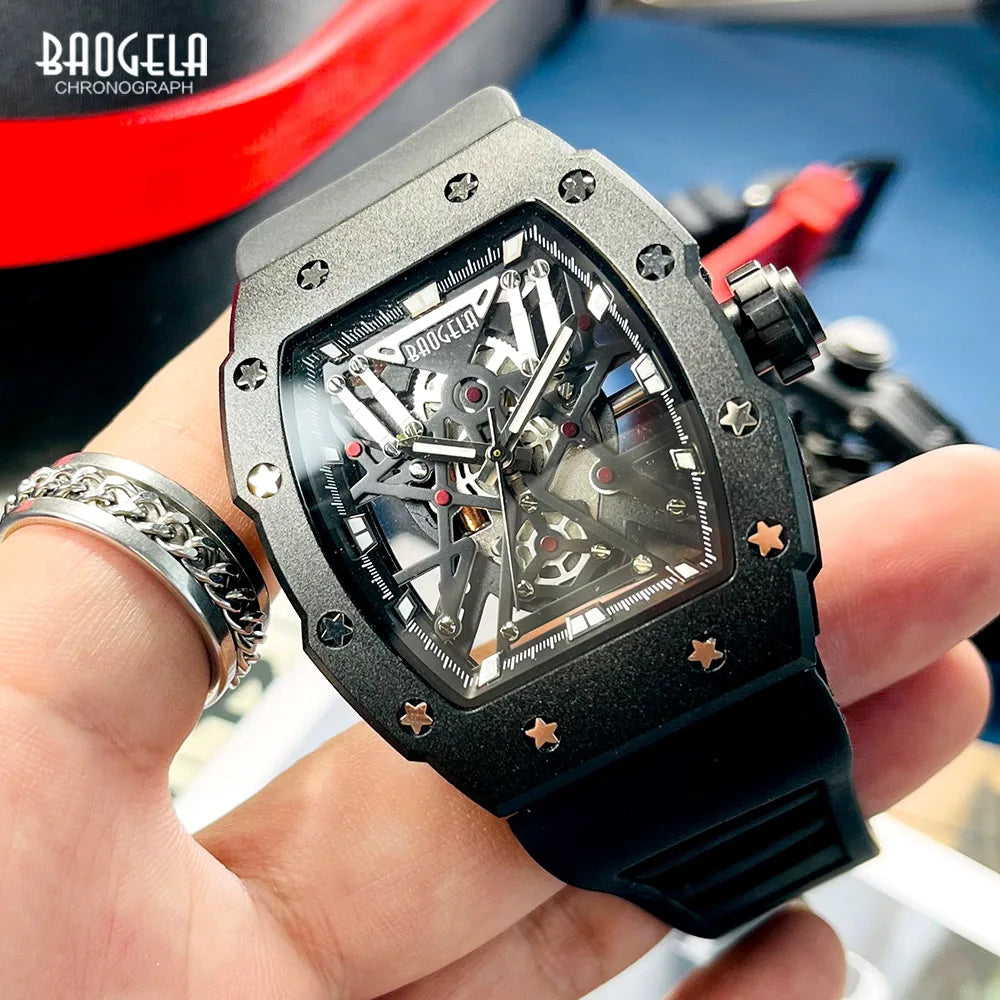 BAOGELA Black Stainless Steel Watch Men Military Sport Analog Quartz Wristwatch with Silicone Strap Luminous Hands Relogio 4147