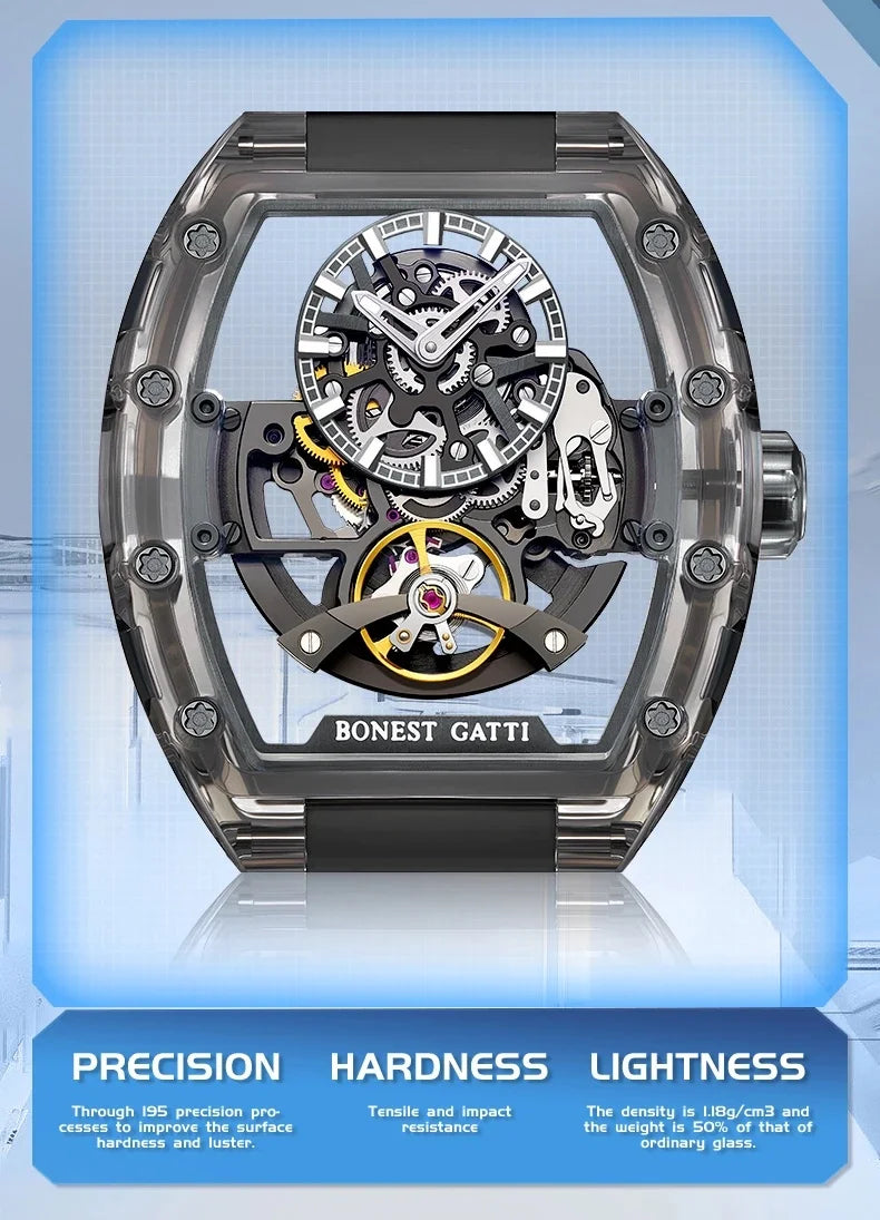 BONEST GATTI 2025 New Men Automatic Watch Tonneau Mechanical Wristwatch Acylic Case Sapphire Lume Hollow Out Dial Fluororubber
