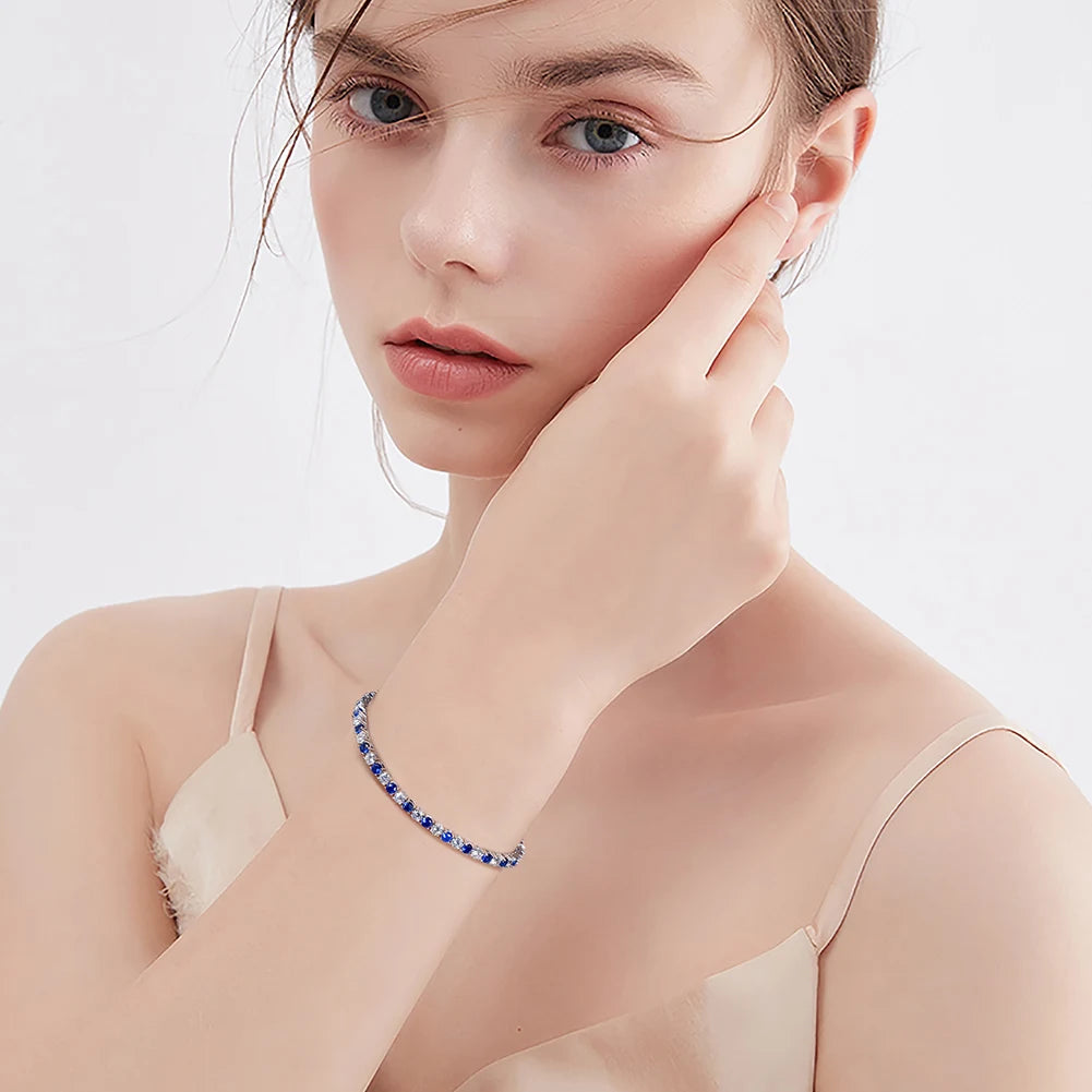 ORSA JEWELS Exquisite 3mm Sapphire Blue Sparkling Tennis Bracelet S925 Sterling Silver Cubic Zirconia Fashion CZ Bracelet SB137