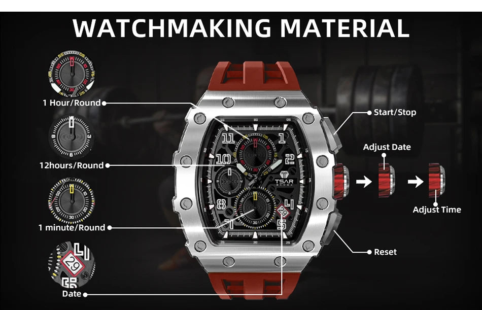TSAR BOMBA Watch for Men Top Brand Luxury Waterproof Quartz Wristwatch Tonneau Clock Gift Chronograph Rectangle Mens Watch