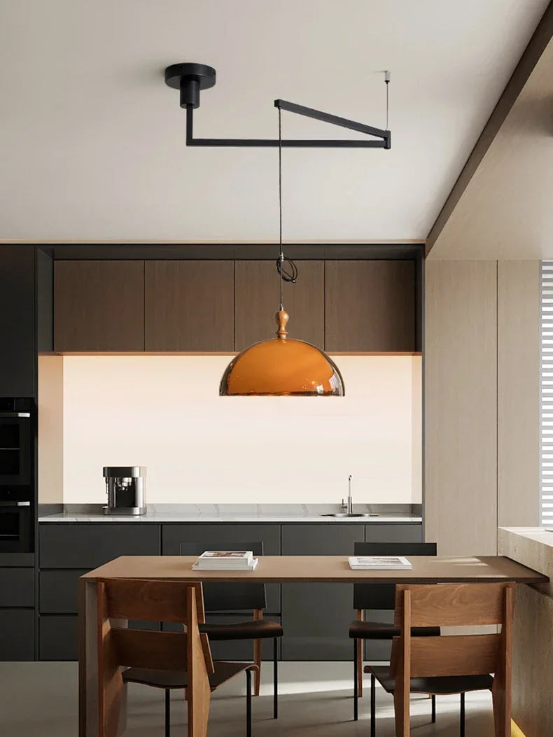 Retro Brown Acrylic Lampshade Pendant Light with Walnut Wood E27 Bulb Hanging Lamp for Dining Room Bar Adjustable Chandelier