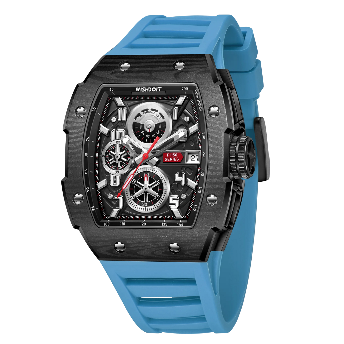 WISHDOIT NH35 Men's Chronograph Luxury Tonneau Design Features with Calendar Date Glowing 50m Depth Waterproof FKM Rubber Strap