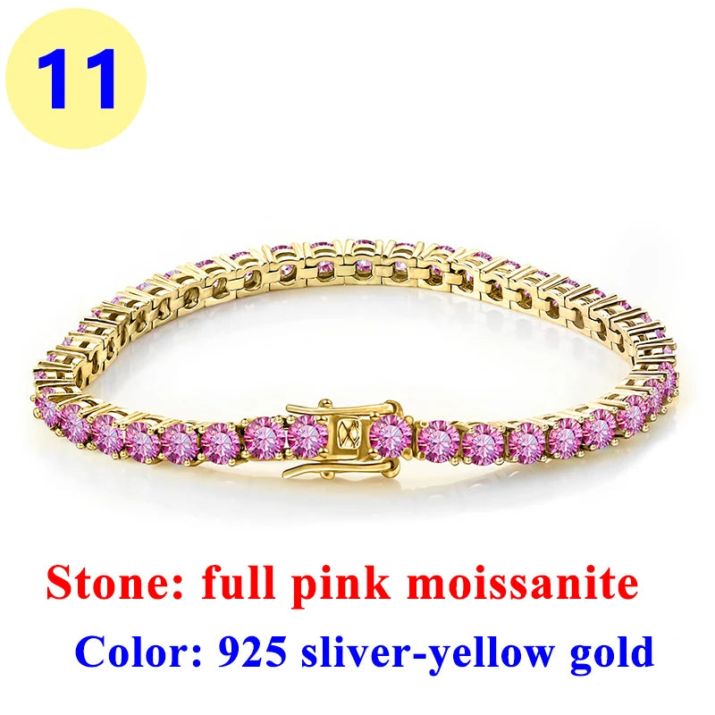 3MM Pink Full Moissanite Tennis HipHop Blue Green Yellow Purple Bracelet S925 Sliver Plated White Gold Bracelet for Women Men