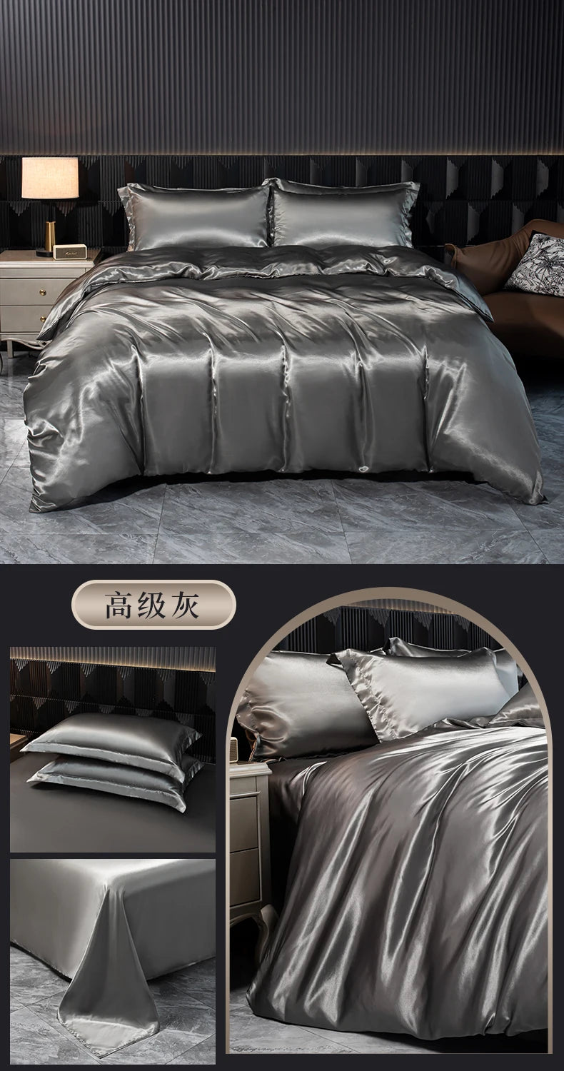 Solid Silk Bedding Set with Duvet Cover Bed Sheet Pillowcases Luxury Satin Single Double Bedsheet King Queen Twin Size