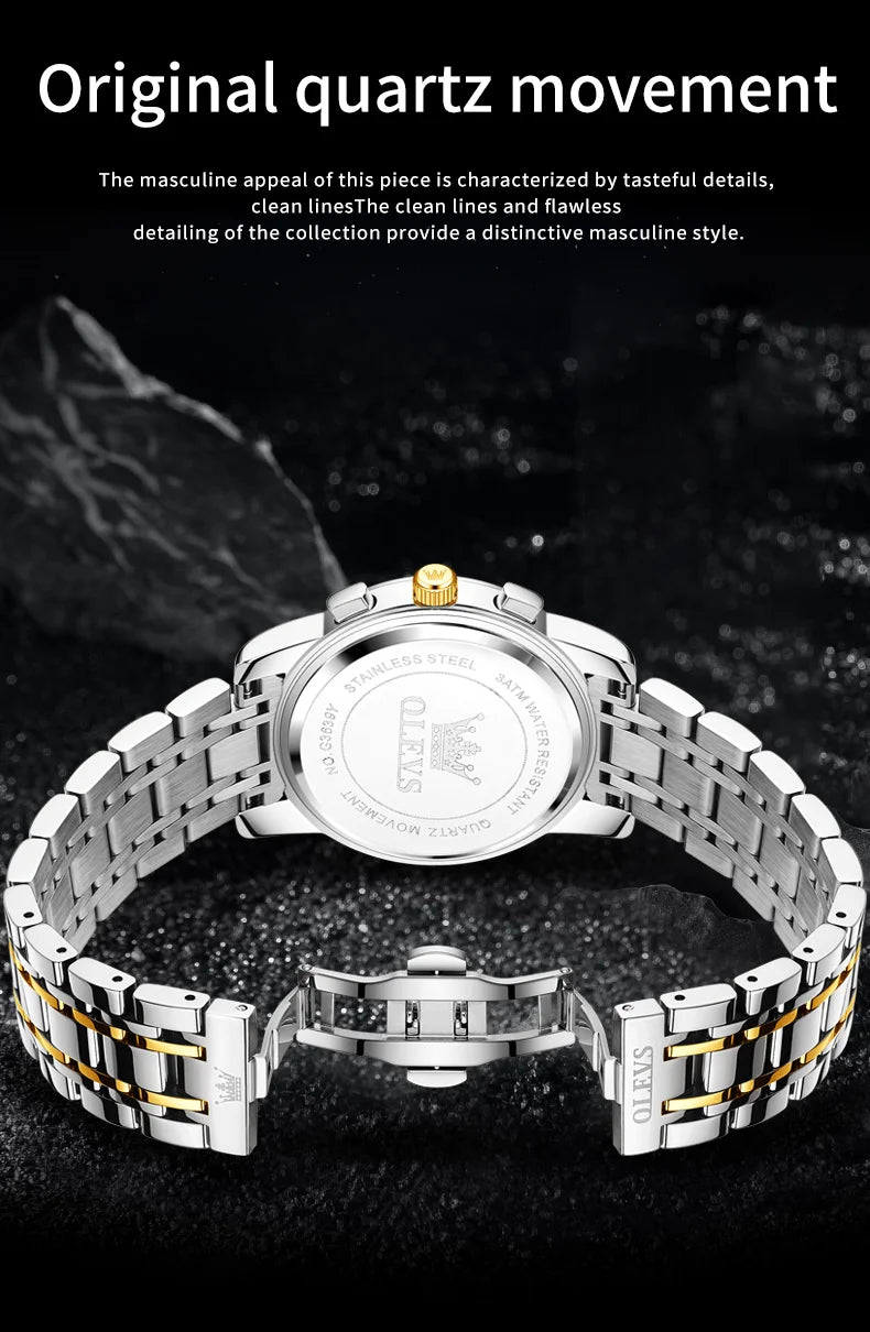 OLEVS 3639 Top Brand Original Luxury New Quartz Watch Stainless Steel Watch For Men Waterproof Luminous Moon Phase Mens Watch