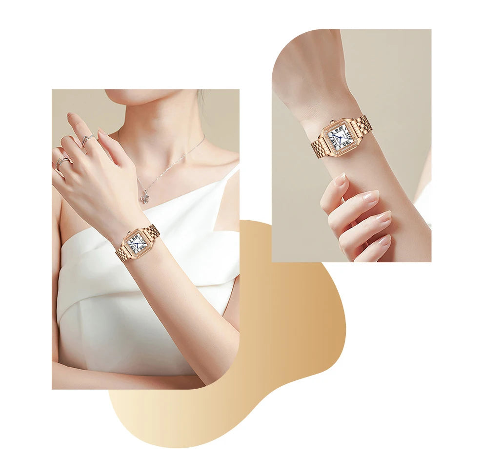 ROLENDO Luxury Gold Square Watch for Santos 33mm Diamond-Set Sapphire Crystal Roman Scale 5ATM Women's Automatic Wristwatch Gift