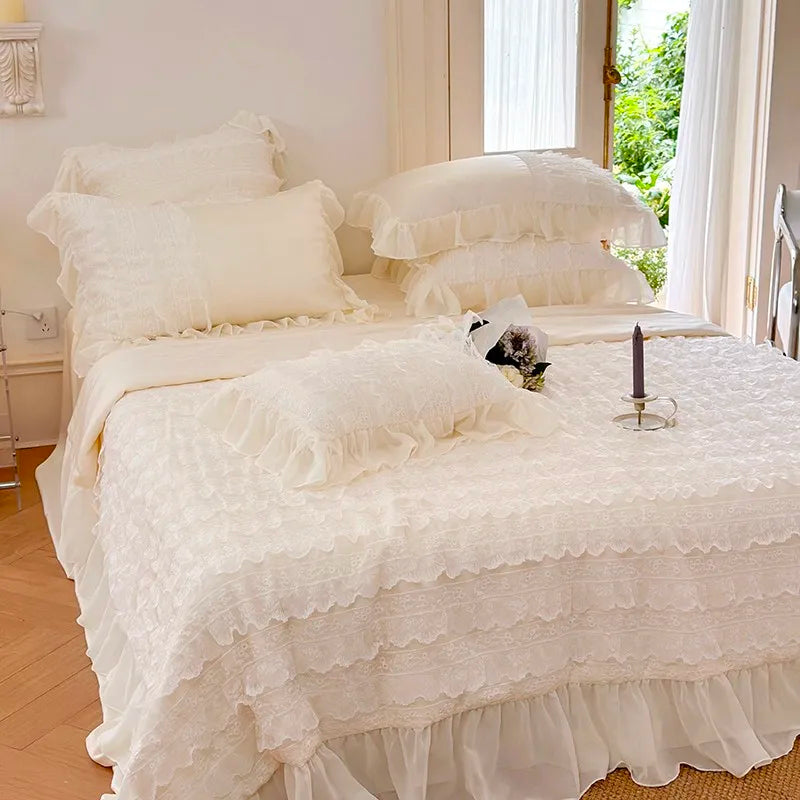 100%Eucalyptus Lyocell Cream White Lace Soft Silky Textured Wrinkle-Free Summer comforter Blanket 1Pc Flat sheet 2Pillow shams