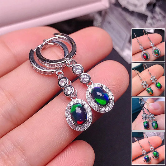 MeiBaPJ 5*7 Natural Black Opal Gemstone England Ear Drop Earrings for Women Real 925 Sterling Silver Charm Fine Wedding Jewelry