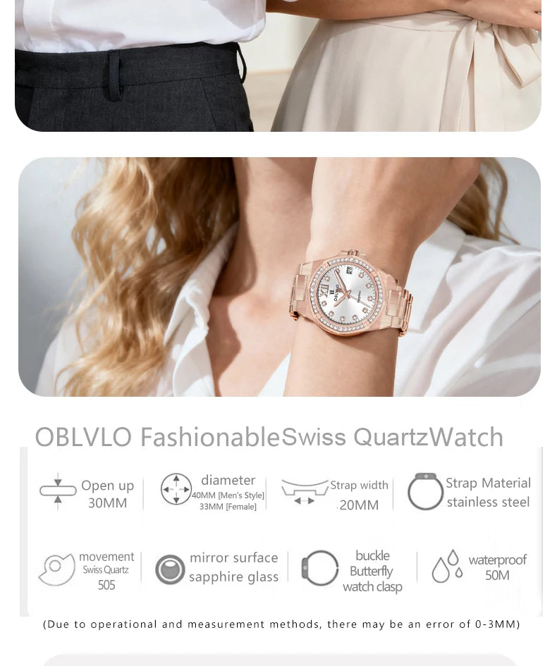 OBLVLO Herren-Armbanduhr mit achteckiger Lünette, blauem Zifferblatt, Datumsanzeige, Quarzwerk, wasserdicht, ideal für Paare (AWM)