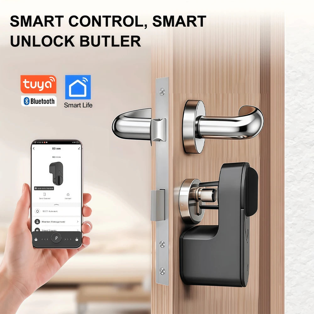 Smart lock with Tuya Bluetooth, fingerprint, password, and IC card unlocking; no drilling required for installation.