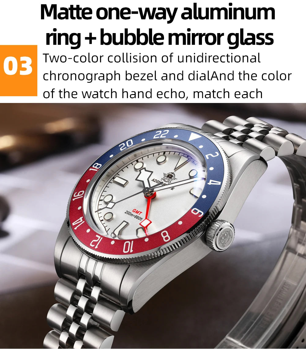 ADDIESDIVE Luxury GMT515-24H Men's Watch Diver 200m Bubble Mirror Glass BGW9 Super Luminous Stainless Steel Men's Analog Watches