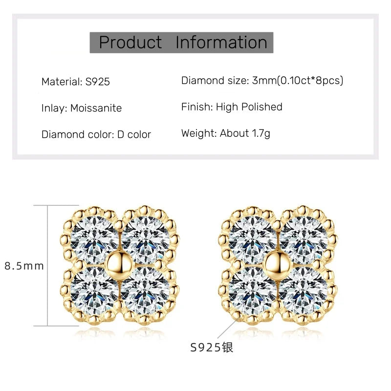 18k Gold Plated 925 Silver 3mm Moissanite Necklace Earrings Bracelet Sets 3 In 1 Clover Flower Charm Jewelry Set for Women Gift