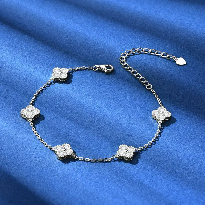 18k Gold Plated 925 Silver 3mm Moissanite Necklace Earrings Bracelet Sets 3 In 1 Clover Flower Charm Jewelry Set for Women Gift