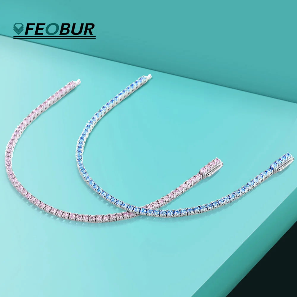 FEOBUR 2mm Blue High Carbon Diamond Tennis Bracelet for Women 925 Sterling Silver Color Gemstone Bracelets Party Jewelry Gifts