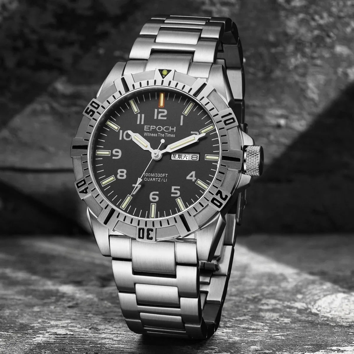 EPOCH Men Quartz Watch Luminous 10Years Lithium Battery Japan Movement Rotated Dial WR100M Sapphire Chinese English Day Military